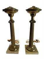 Pair of 1 Light Brass Column Table Lamps, Wired