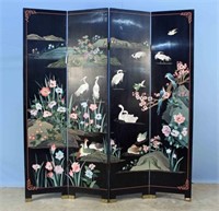 Black Chinese Screen with Birds and Flowers