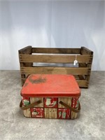 Wood crate and metal picnic basket