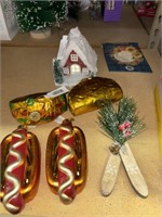 christmas ornament lot taco, hot dogs, house