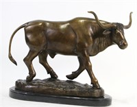 WALKING LONGHORN BRONZE SCULPTURE ON MARBLE PLINTH