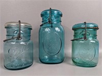 Three Vintage Blue Ball Jars with Glass Lids