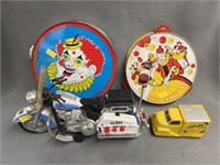 Tin Litho Tambourines with Plastic Toy Vehicles