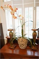 Pair of Candlestands and Faux Plant