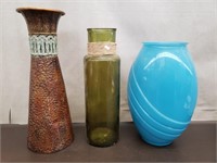 Trio of Decorative Vases. Metal & Glass