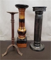 Trio of Decorative Candle Pillars. Ceramic & Metal