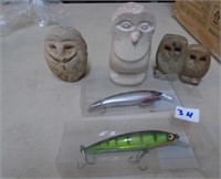 2 Owl Carvings , 2 Fishing  lures