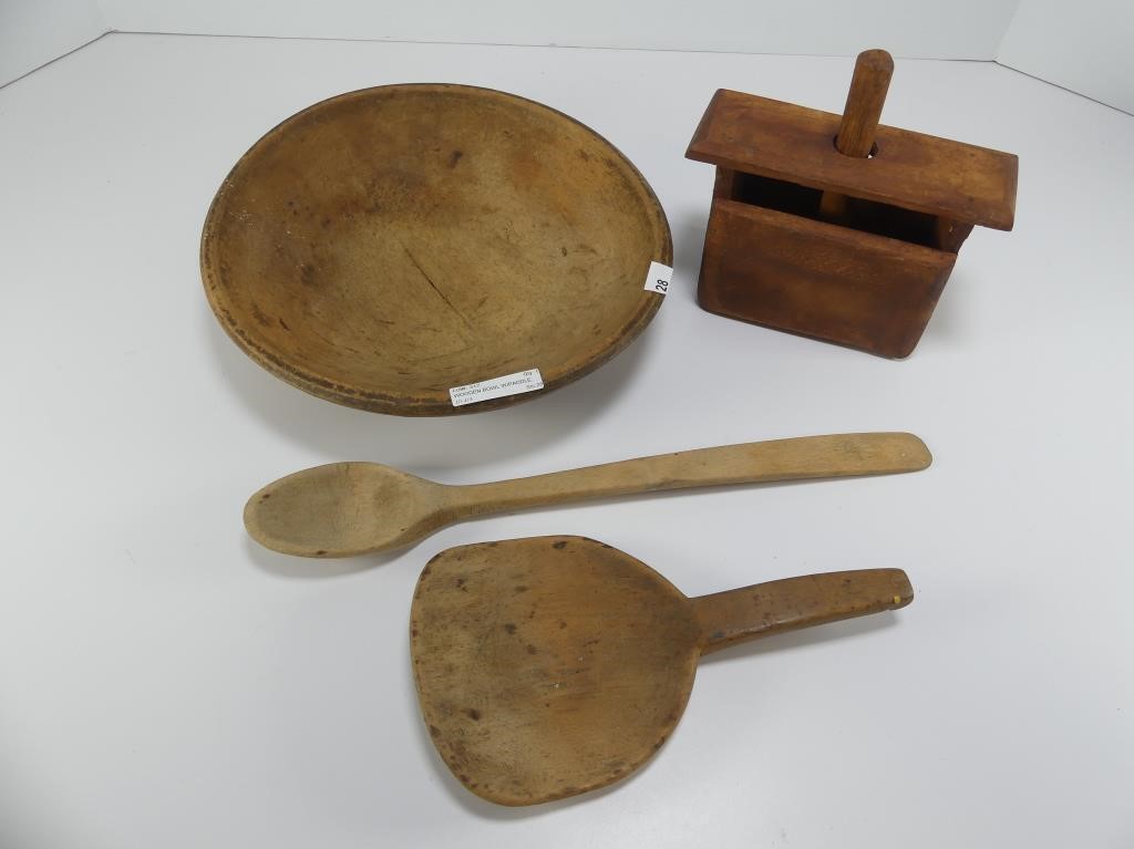 WOODEN BOWL W/PADDLE, SPOON & BUTTER MOULD