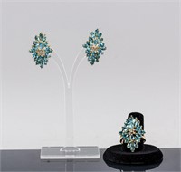 14k Gold Aquamarine Diamond Earrings & Ring