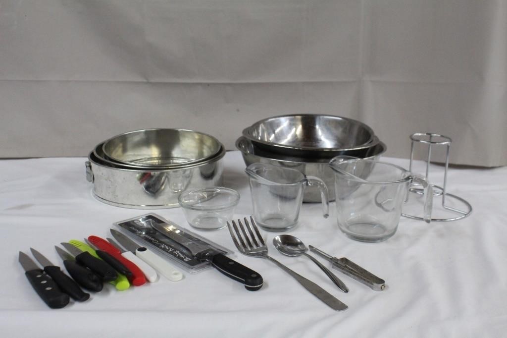 Stainless mixing bowls, glass measuring cups,