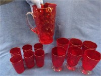 nice red glass beverage set (pitcher & 2 sizes
