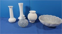 Hobnail Milk Glass Vases & Bowl