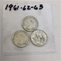 SILVER Roosevelt Dime LOT 1961 1962 & 1963