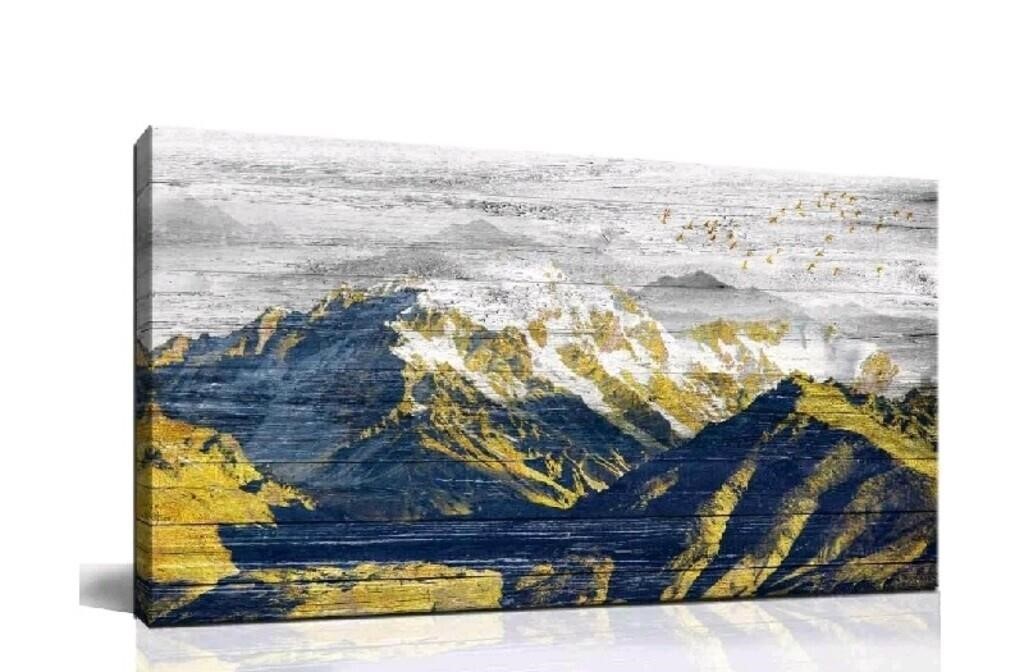 Yxbhhym- Mountain Canvas Wall Art Gray Gold Mounta