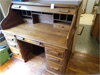 Wooden Roll Top Desk and Reproduction Chair