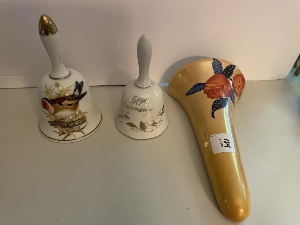 2 CERAMIC TABLE BELLS AND WALL POCKET