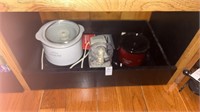 Shelf lot of kitchen pots and other items
