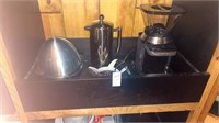 Shelf lot of kitchen appliances and tea pots