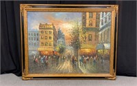 ~ 4'+ Large City Street Scene Painting, Signed