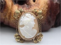 10K Gold Carved Shell Cameo / Brooch / Pendant