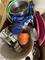 Two box lot of kitchen items, bowls, measuring