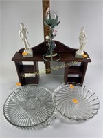 Small statues, three glass platters, metal floral