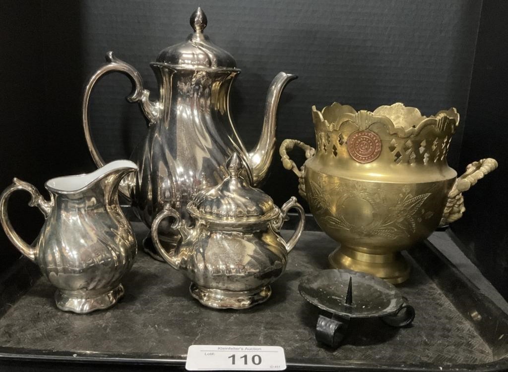 Lustre Art Deco Silver Tone Tea Set, Brass Bowl.