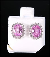 Pair, 10K White Gold Pink Topaz & Diamond Earrings