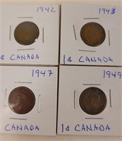 1942, 1943, 1947, 1949 Canadian One Cent Coins