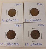 1940, 1942, 1943, 1944 Canadian One Cent Coins
