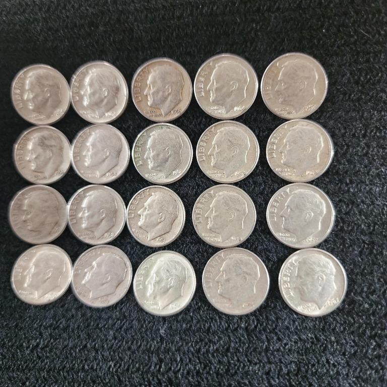 20 Mixed Date Roosevelt Dimes, 90% Silver