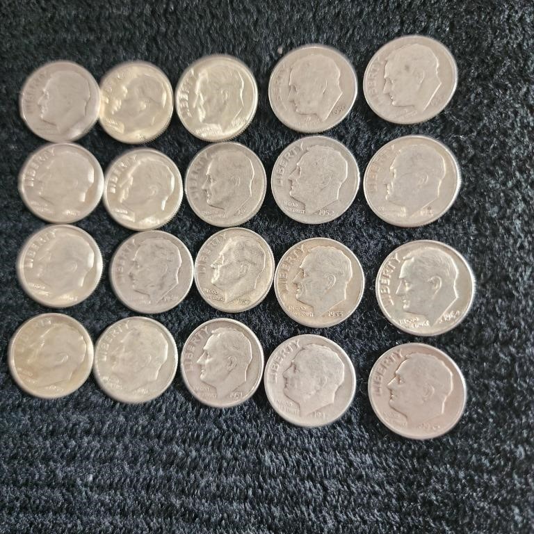 20 Mixed Date Roosevelt Dimes, 90% Silver