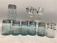 Blue and Clear Mason Jars with Zinc and Glass Lids