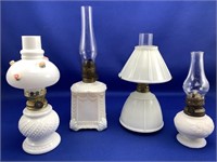 4 Miniature Milk Glass Oil Lamps