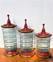 Vintage 3pc Glass & Wood Canister Set