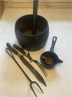 Cast iron pot, fork, lead pot, antique carving