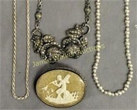 3 Sterling Silver Necklaces. Marcasite, Cameo
