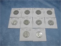 Ten 1950s Silver Quarters 90% Silver