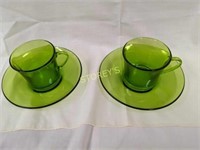 2 Vintage Green Glass Cup & Saucer