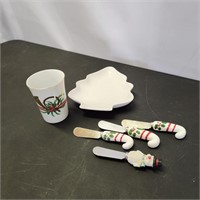 Christmas dish, cup, and 4 spreaders