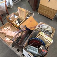 Shoe shine items, old kitchen utensils, sad iron,