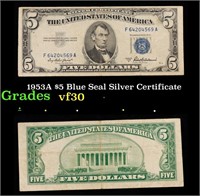 1953A $5 Blue Seal Silver Certificate Grades vf++