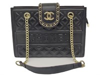 CC Black Quilted Leather Gold Chain Square Tote