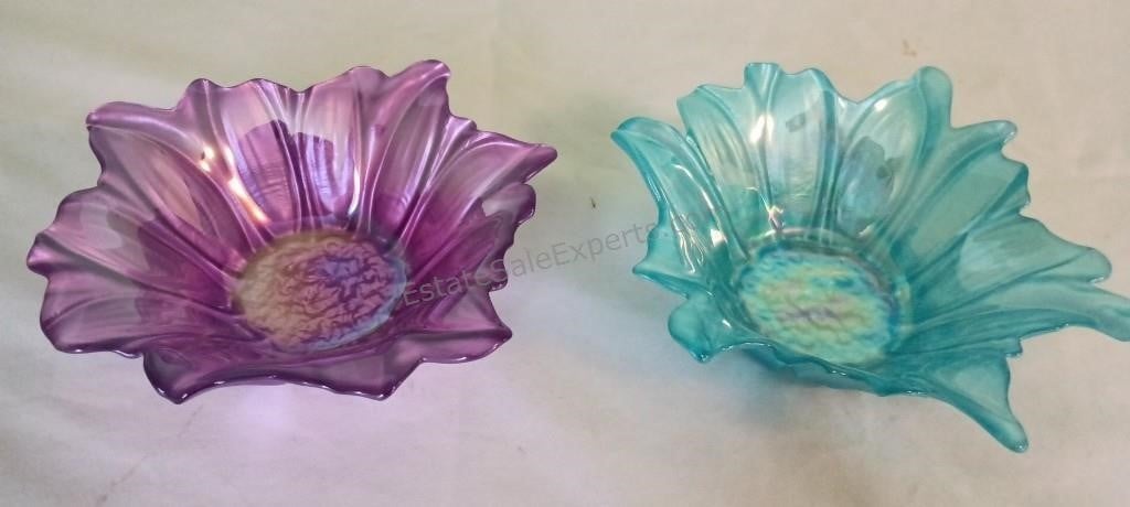 Pair of Art Glass Orchid Luster Flower Bowls