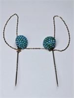 2 Antique Turquoise Stick Pins w/ Chain