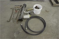 Bucket Of Assorted Tools, Gas Hose, & PTO Shaft