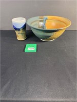 Large Pottery Bowl and Colorful Cup