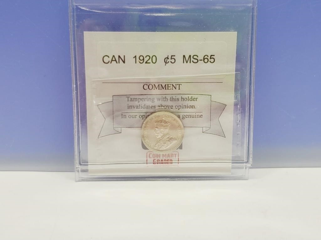 GRADED 1920 5¢ Coin Certified MS-65 CMG  Silver