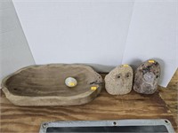 Wooden bowl ,alabaster egg and stone owls