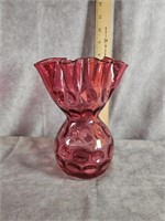CRANBERRY THUMB PRINT GLASS VASE 7.5" TALL